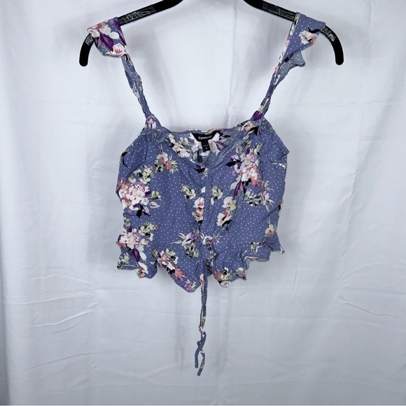 Express Tank Top Ruched Ruffle Flutter Sleeves Round Hem Dotted Floral Crop Tank - Picture 4 of 9